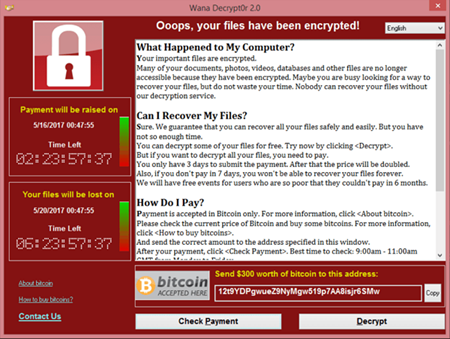 Picture of the WannaCry Decryptor Graphical User Interface (GUI)